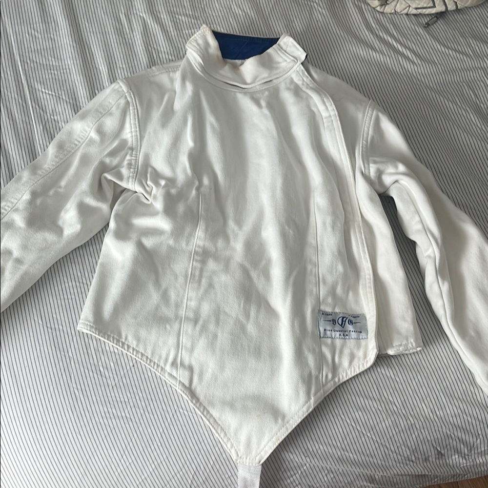 White Fencing Jacket Blue Gauntlet